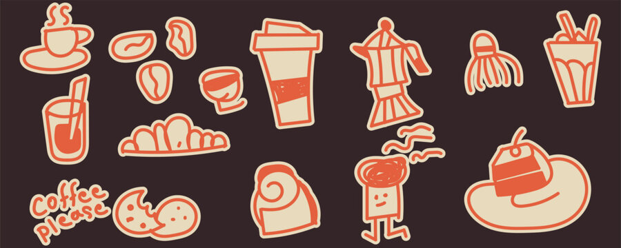 Cute Doodle Coffee Cup Croissant Moka Pot Vector Collection for Bakery and Cafe