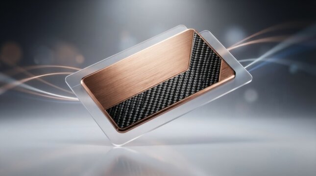 Modern carbon fiber and copper credit card on a bright studio surface