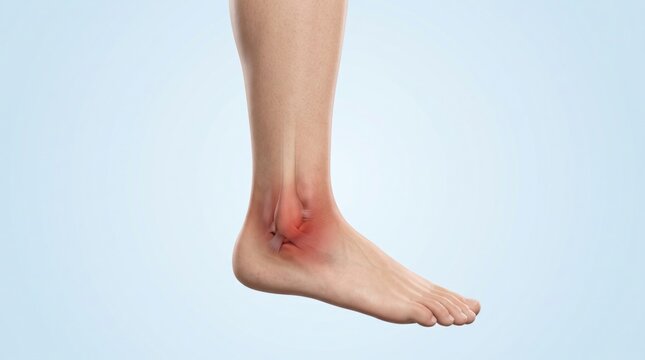 Ankle sprain shown in premium minimal medical CGI with localized lateral ankle pain and swelling emphasized beneath the skin on a clean pale blue clinical background.
