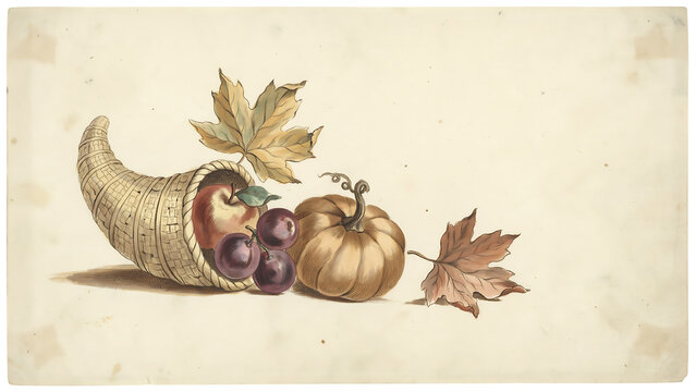 Cornucopia illustration filled with autumn harvest fruits and a small pumpkin, horn of plenty
