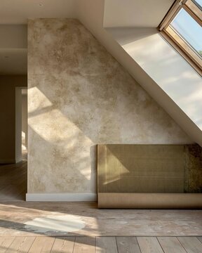 Vacant apartment attic room with textured plaster walls and an unfurnished interior, featuring a roll of underlay for renovation and copy space