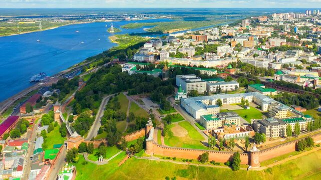 Nizhny Novgorod, Russia. Panorama of the Kremlin from the air, Drone footage Hyperlapse