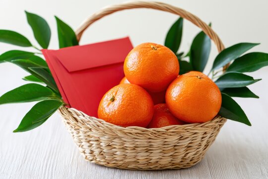 Lunar New Year gift basket featuring tangerines, tea, and a red envelope arranged in a natural woven basket with green leaves on a light background