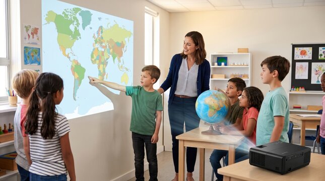 Projected map and physical globe help children connect countries, continents and scale, linking geography, visual learning with projector and modern classroom technology at school today.