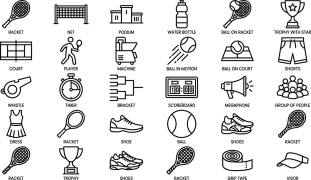 Tennis sport game line icon set featuring racket ball court trophy whistle shoes net player and equipment