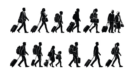 Obraz premium Black silhouette vector illustration of travelers walking with luggage, suitcases, and backpacks on white background