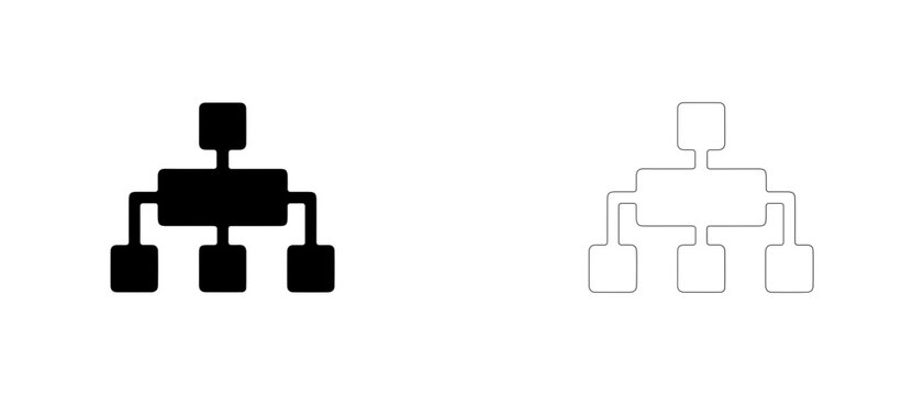 Skill tree hierarchy diagram vector icon filled and outline, tournament bracket and character progression symbol.