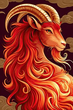 Majestic Fire Goat zodiac illustration for Lunar New Year 2027, featuring elegant golden horns and flowing red fur with stylized flames against a dark burgundy background