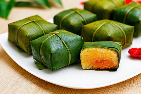 Vietnamese b nh ch ng for Lunar New Year, square sticky rice cake wrapped in green leaves with filling visible, arranged on a light wooden table with festive accents nearby