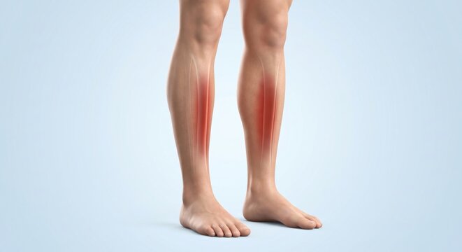 Shin splints shown in premium minimal medical CGI with localized medial lower leg pain and restrained tissue emphasis along the shin on pale blue clinical background.