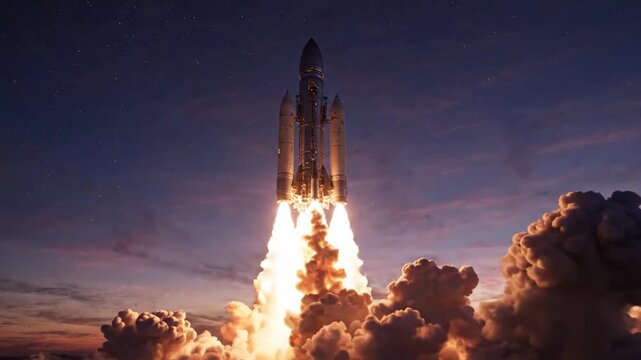 Space rocket launching into orbit at sunset with bright fire and smoke