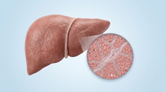 Liver fibrosis shown as liver overview with enlarged fibrotic tissue detail in premium clinical CGI, isolated on clean pale blue background clear hepatology patient education.