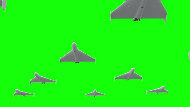 3d rendered animation of flying military drones on green screen