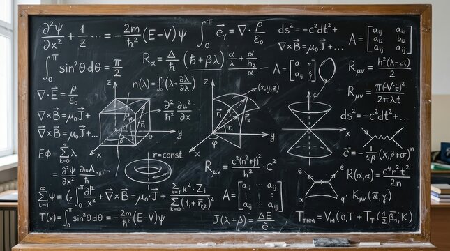 Complex Mathematical and Physical Formulas Written with White Chalk on a Blackboard in a Classroom Setting