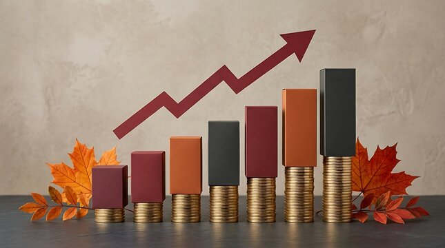 Financial growth graph with upward arrow and stacked coins, adorned with autumn leaves, representing increasing profits and seasonal economic trends, business success concept.
