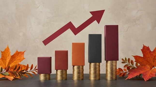 Increasing financial graph with rising arrow and stacks of gold coins, decorated with autumn leaves, symbolizing economic growth and seasonal investment opportunities.