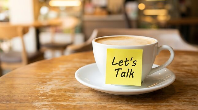 Cup of coffee with a yellow sticky note saying Let's Talk on wooden table in cafe with blurred background.