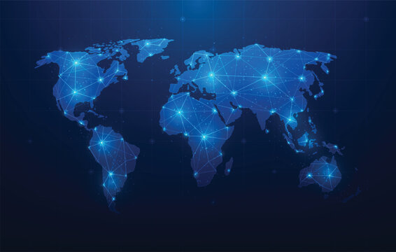 world map communication network connection digital technology low poly wireframe background. Global internet connectivity concept wallpaper.