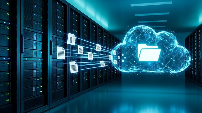 Modern server racks and glowing digital cloud with data flow for technology and cloud computing concepts.