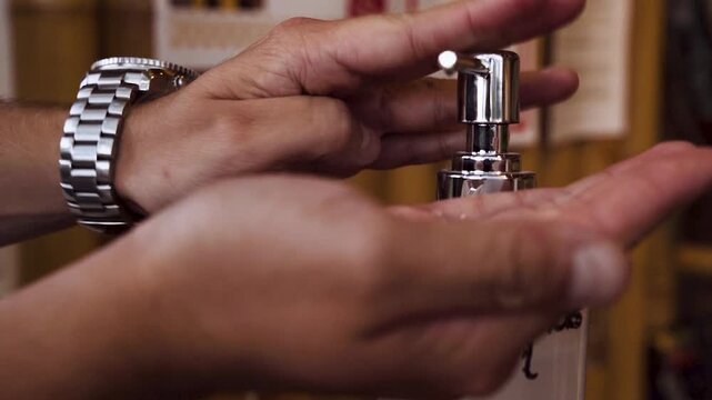 Mann desinfiziert seine H&auml;nde mit Desinfektionsgel in Zeitlupe