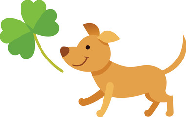 Obraz premium Cute brown dog walking and playing with a green clover leaf Vector