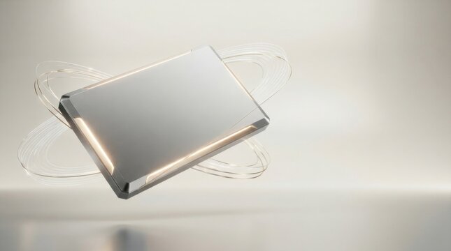 Shiny metallic rectangular plate with glowing light lines isolated on white background