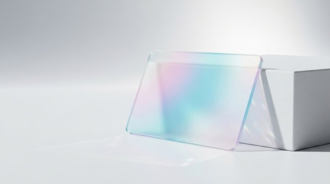 Transparent iridescent glass plate with rainbow light reflection on white surface