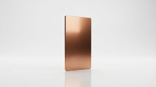 A blank vertical copper metal card standing upright on a clean studio white background