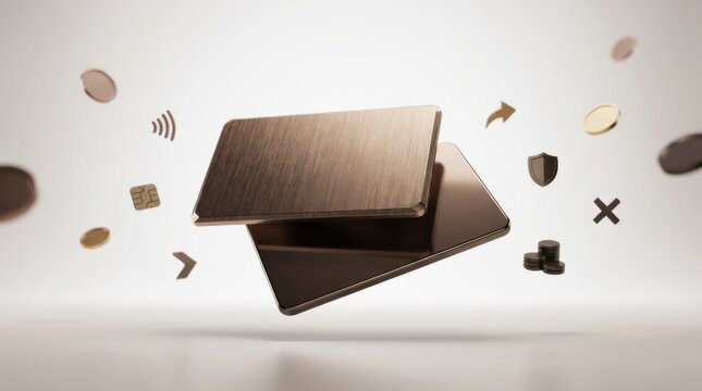 Two metallic credit cards floating with gold coins and banking icons for finance