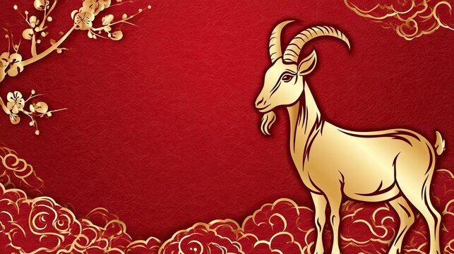 Elegant Lunar New Year 2027 background featuring a golden Fire Goat silhouette, deep red texture, gold cloud patterns, and plum blossoms with ample copy space for text