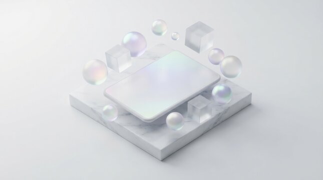 Blank smartphone screen on a marble platform with floating glass spheres and cubes