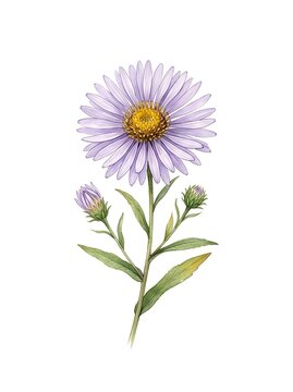 Delicate purple aster flower featuring detailed yellow center petals and green stem illustrated in fine botanical art style on white background