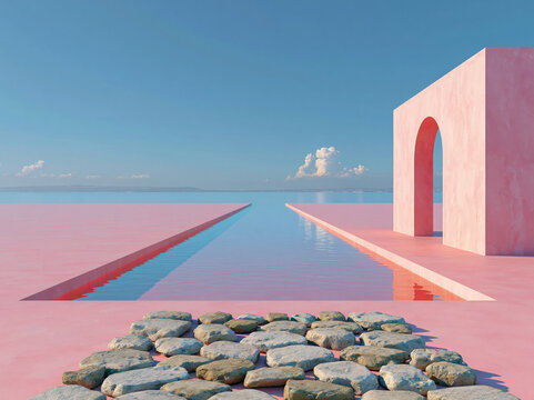Soft pink geometric architecture frames a narrow pool, calm sea and distant volcanoes sit under clear blue sky, a seagull rests on pink pavement.