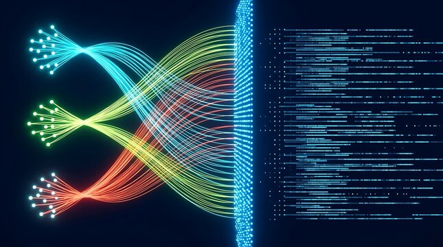 Abstract visualization of data streams with colorful fiber optic lines flowing into a digital matrix of binary code representing technology and information.