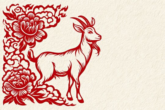 Traditional red paper cut illustration of a Fire Goat for Lunar New Year 2027, featuring peonies and clouds on warm cream textured background with ample blank space