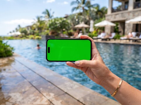 Smartphone chroma key vibrant green screen in woman hand poolside vacation photo
