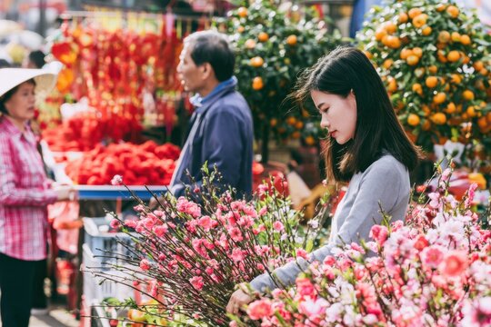 Woman selecting blooming peach branches at a Lunar New Year flower market, kumquat trees and festive decorations visible in the vibrant background