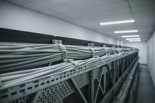 Rows of bundled network cables on cable tray in server room