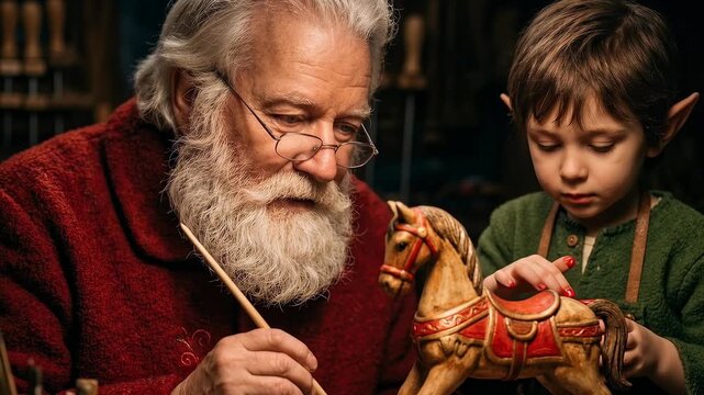 Santa Claus and Young Elf Craft a Wooden Toy Together at Christmas Symbolizing Holiday Tradition Creativity Family Bonding Childhood Wonder Generosity Festive Joy and Seasonal Magic Celebration