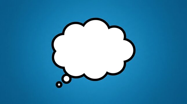 Empty white cartoon thought bubble with black outline and smaller circles on blue gradient background representing ideas contemplation and communication space.