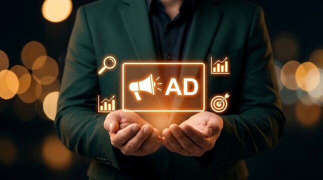 Close up of businessman open hands supporting glowing digital advertising hologram representing strategic marketing solutions and business growth planning.