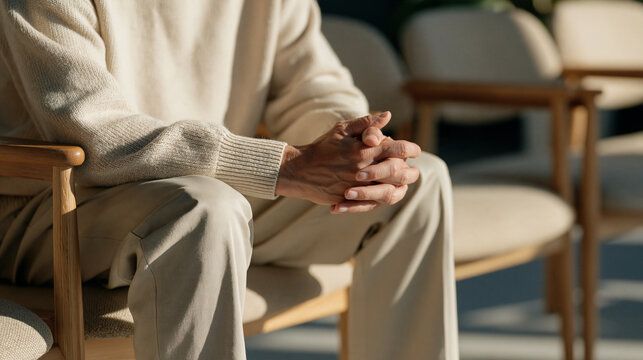 Middle aged Czech man in a psychologist waiting room, hands clasped tightly, foot tapping, first therapy visit apprehension, mental health stigma reduction, help seeking behavior,