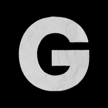Textured white paper cutout of the letter G isolated on black background