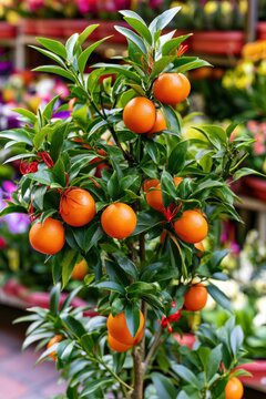 Small kumquat tree adorned with red ornaments and ripe orange fruits, displayed at an outdoor flower market during Lunar New Year celebrations