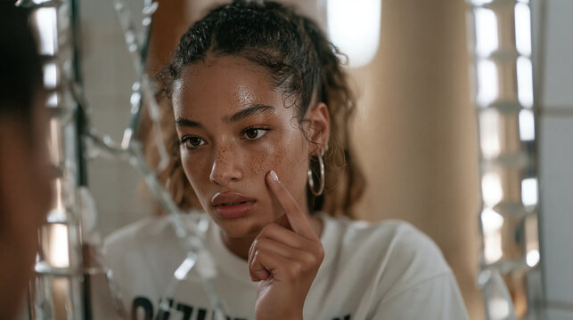 Colombian teenage girl standing in front of a cracked bathroom mirror, tracing her own reflection with one fingertip, self-identity exploration, body image awareness, adolescent