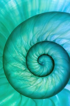 Abstract nautilus shell spiral in luminous turquoise, teal, and fresh green tones, featuring smooth Fibonacci curves and delicate fibrous patterns in a close-up composition