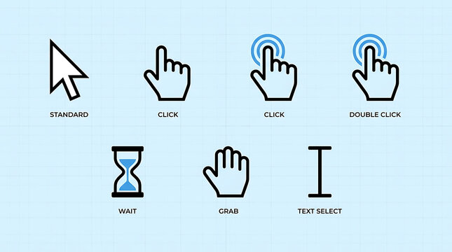 Set of computer mouse cursor icons representing various interface actions