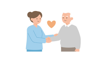 Fototapeta premium Heartwarming scene of a young female nurse in blue scrubs shaking hands and caring for an elderly man with a heart symbol above them.