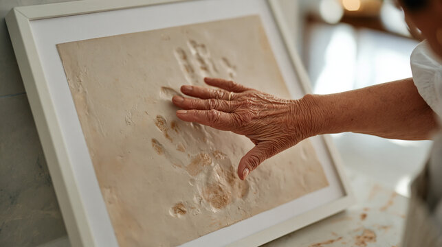 A close-up of an elderly woman's hand resting on a pressed handprint made in clay decades earlier by a child, both impressions framed together on a living room wall as a tangible