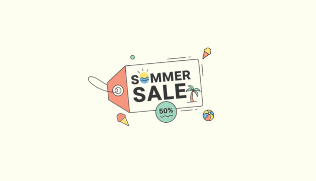 Summer sale promotional tag with tropical elements like ice cream, palm tree, and beach ball offering a fifty percent discount.